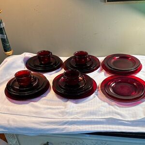 Vintage Ruby Red Arcoroc france 🇫🇷Glass Dinnerware Set - 25 pieces